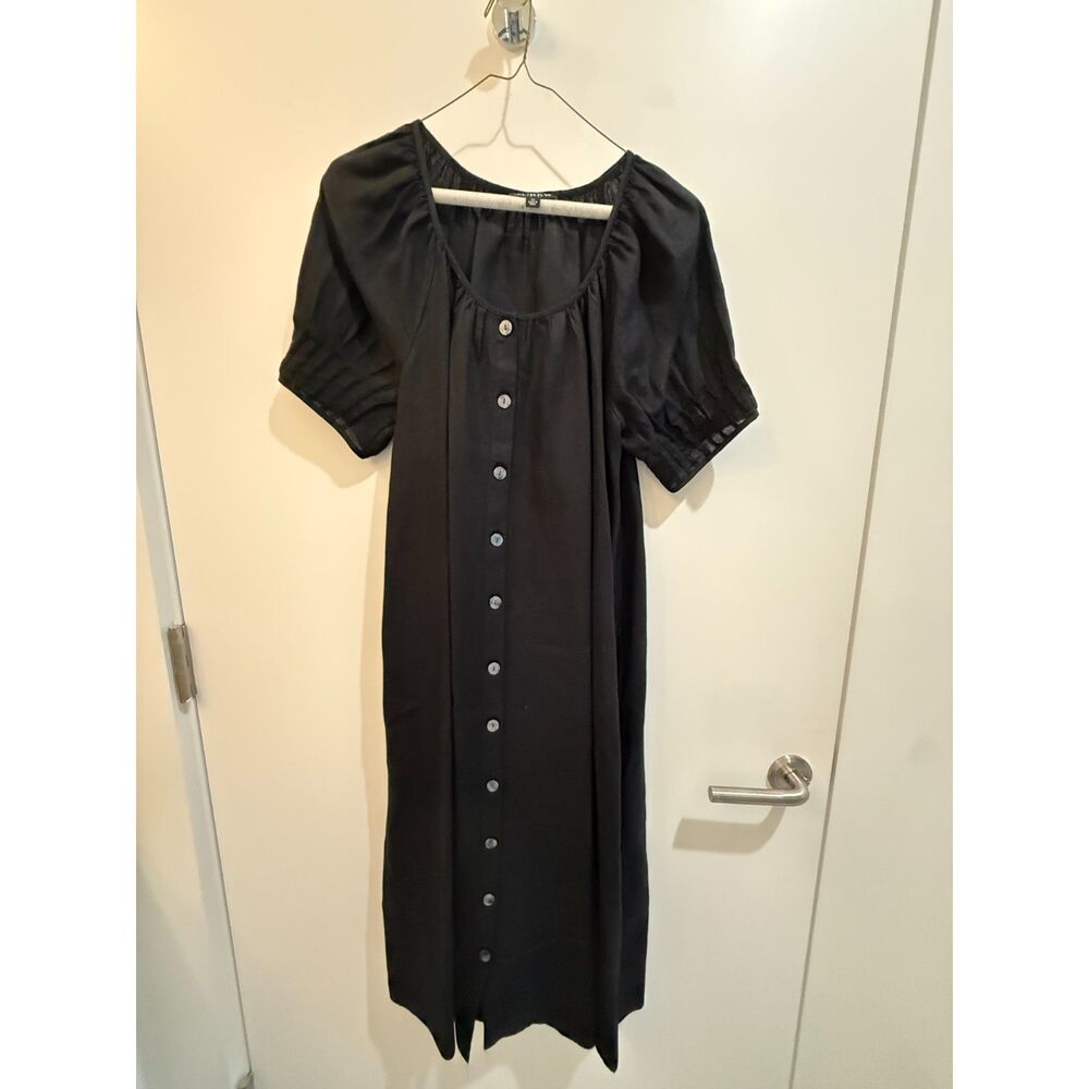 J.Crew Black Linen Button Midi Dress Sheer Puff Sleeves XS